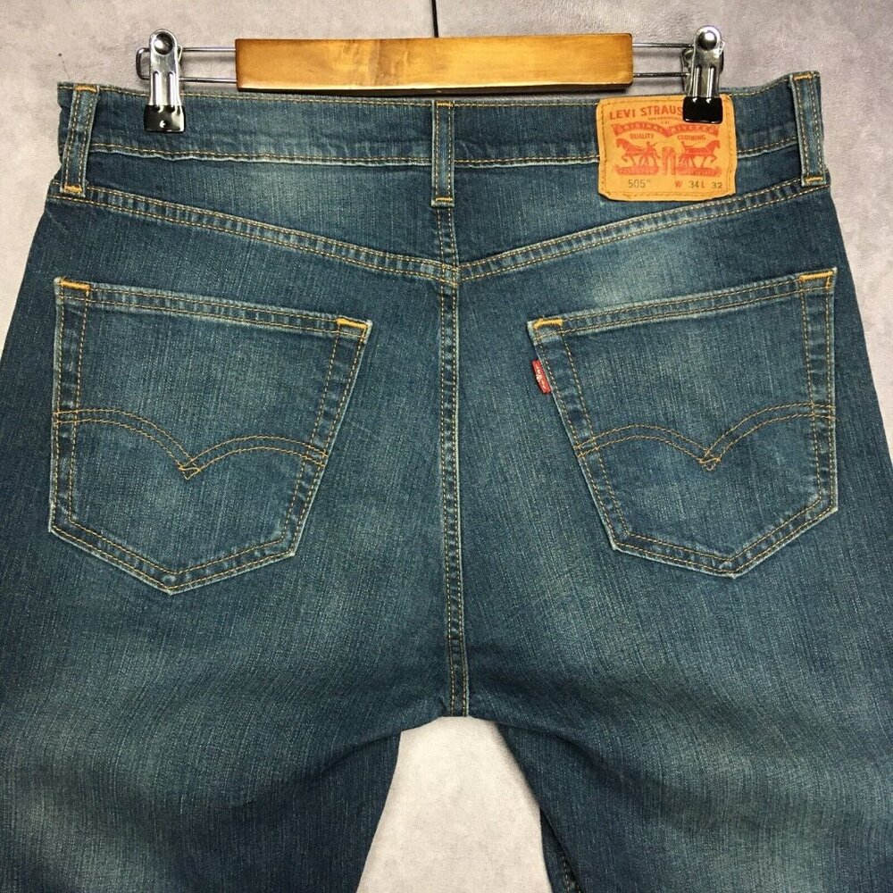 Levis Mens 505 Regular‎ Fit Blue Jeans size 34x32 Stretch Denim Pants Zipper Fly